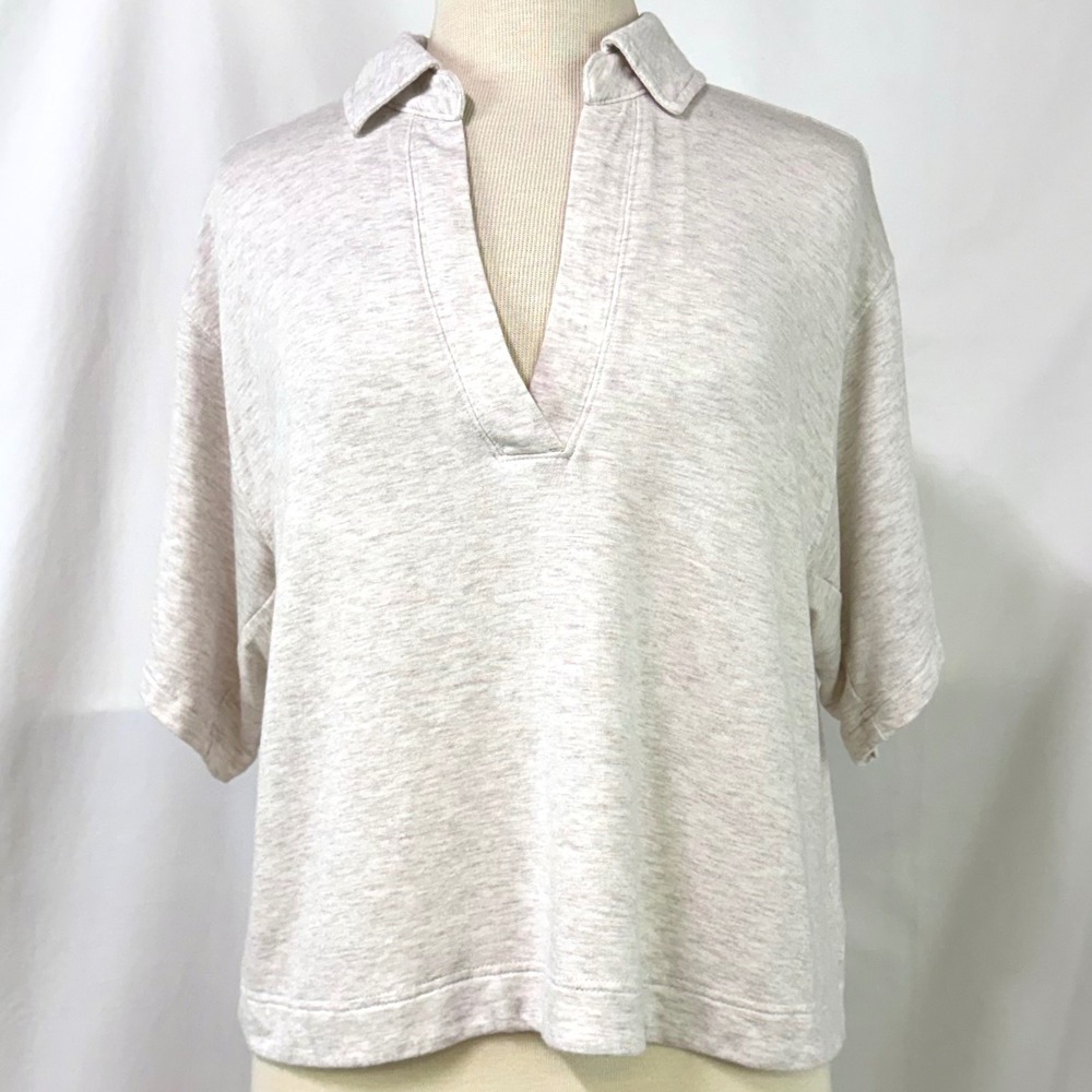 ATHLETA Westwood Sweatshirt Tee Cream XS Boxy Oversized Collared V Neck Modal